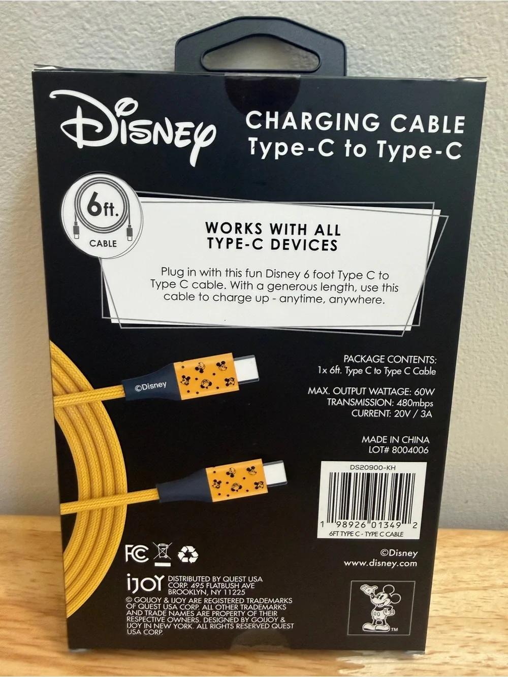 Disney Mickey Mouse - Type C to Type C 6 Foot Charging Cable New In Box